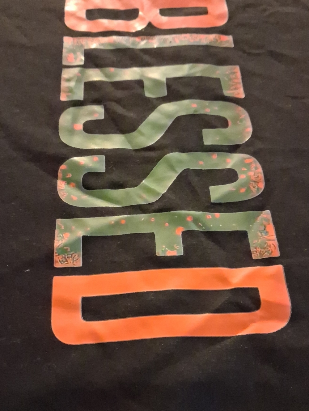 Mens Black Graphic Top with Green & Orange Lettering
